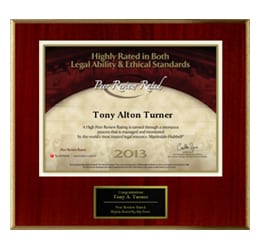Maroon and gold plaque with "2013 Very Highly rated in Both Legal Ability and Ethical Standards", 