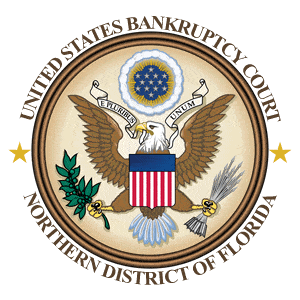 Seal of United States Court, american flag, arrows and olive branch and eagle on it reading "United States Bankruptcy Court Northern District of Florida.
