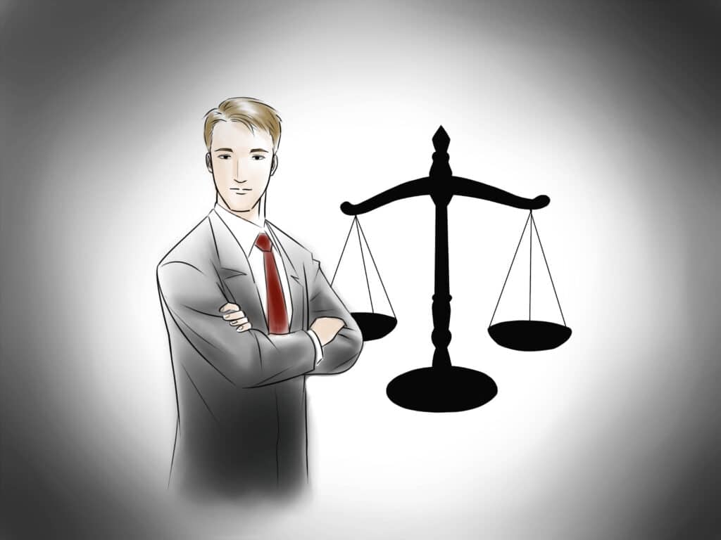 A caricature of a 30 year old male workers' compensation or bankruptcy lawyer in a grey suit with a red tie arms crossed in front of the scales of justice